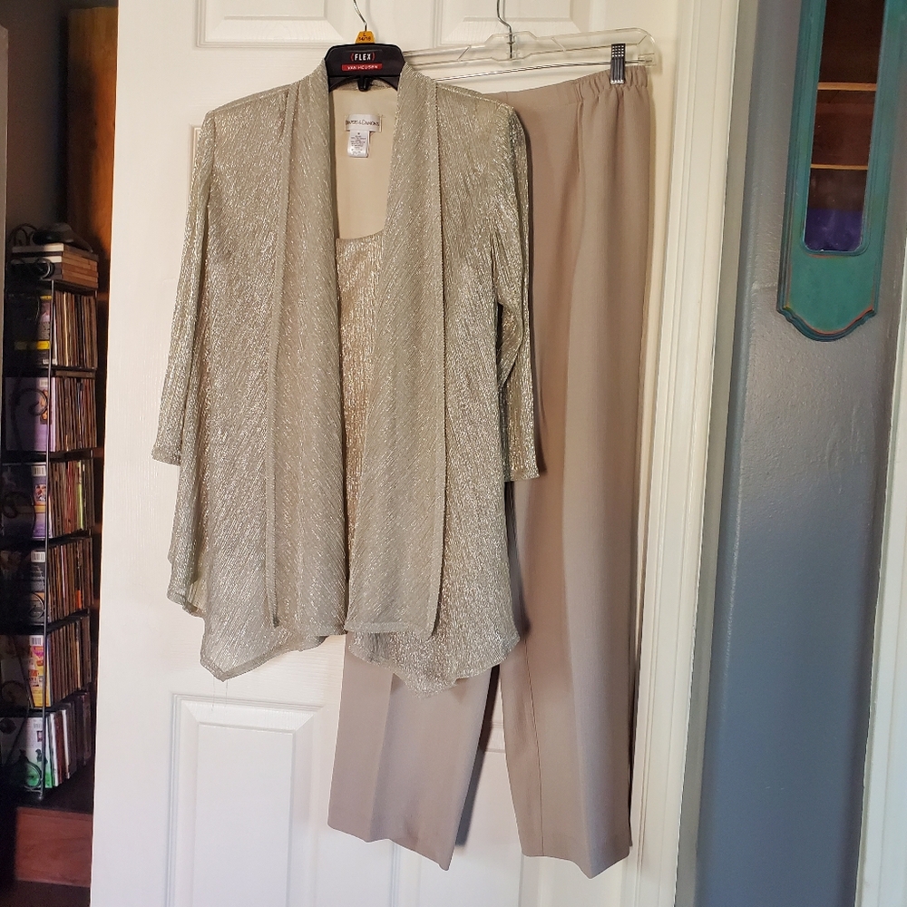 Elegant‎ Metallic Gray Jacket Set Sleeveless Shell & Draped Jacket Pull-on Pants
